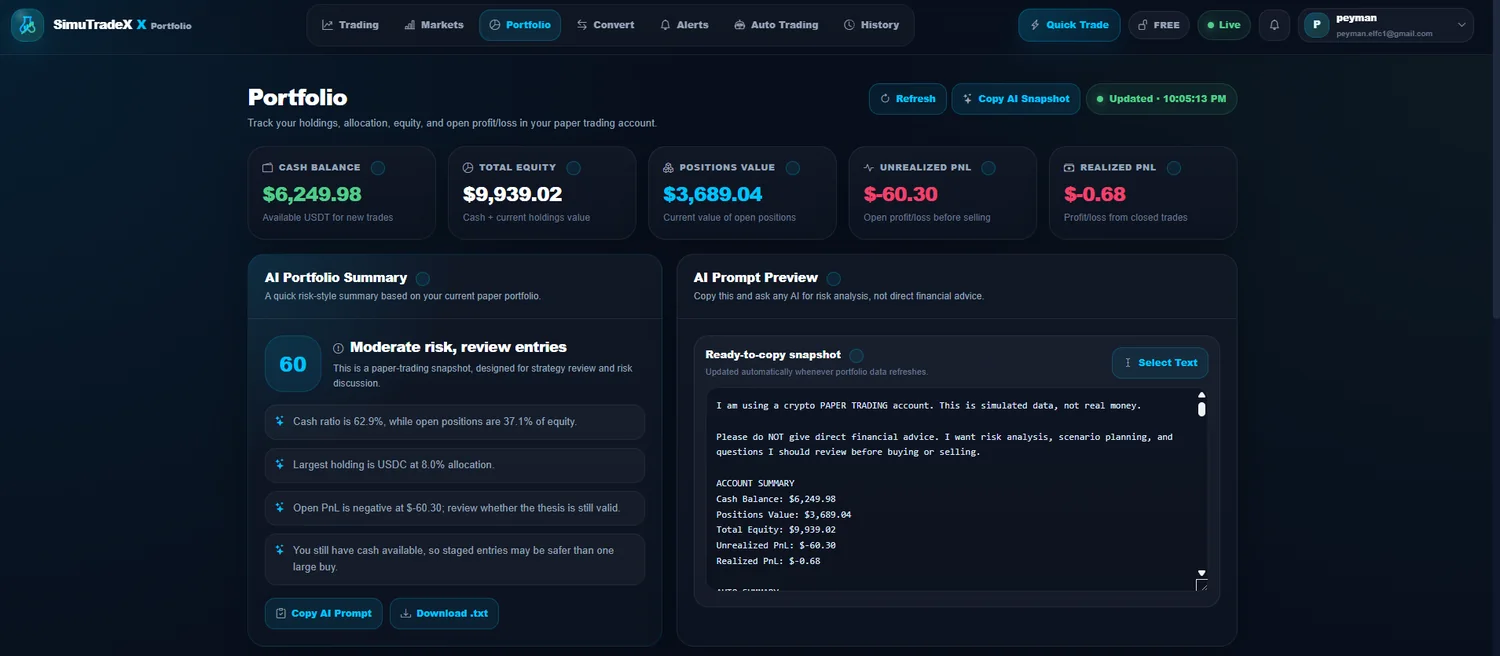 Virtual crypto portfolio snapshot for AI-ready review